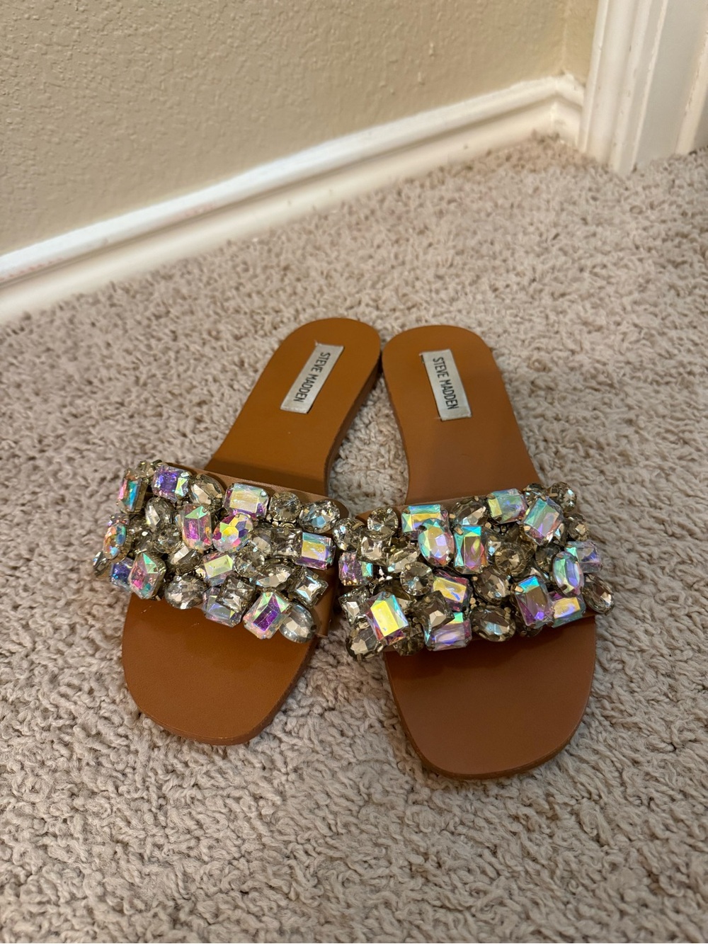 Steve Madden Brown Jeweled Slide Sandals with Iridescent Crystals